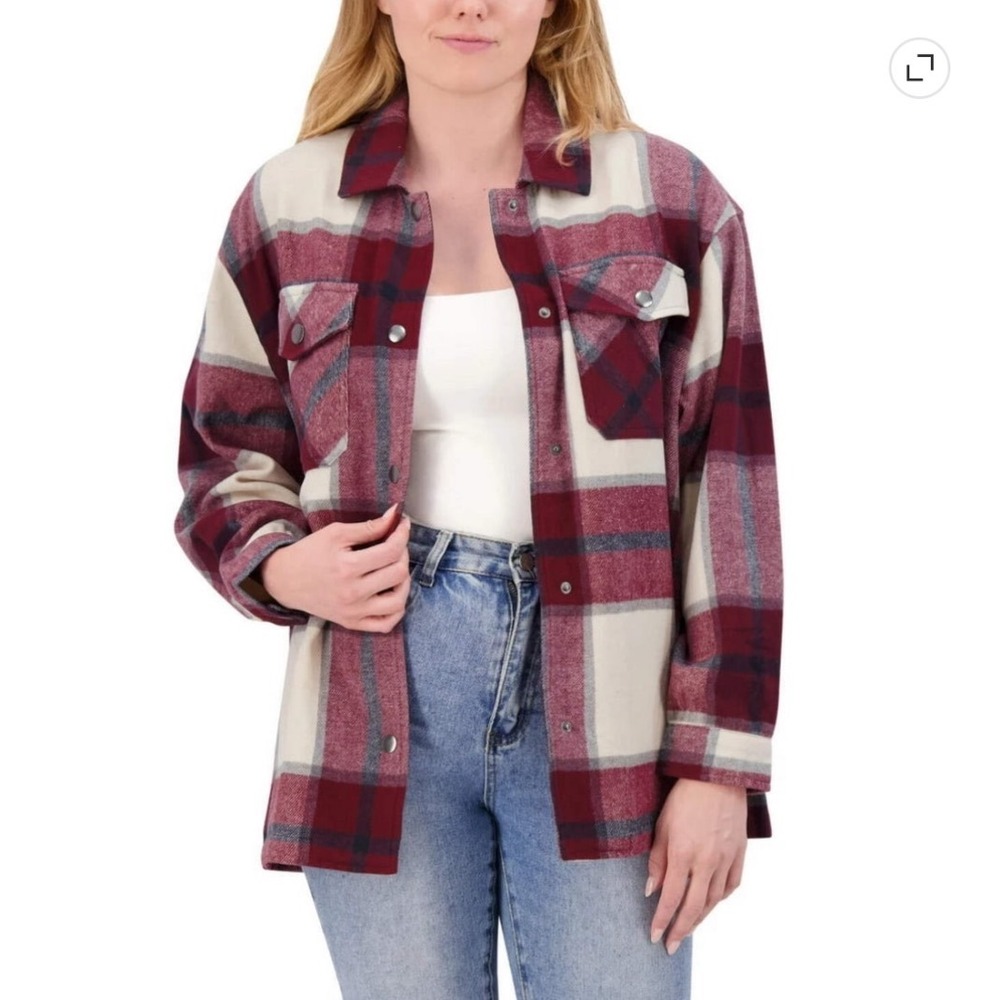 Womens Burgundy Plaid Button Down Shacket Oversized Flannel Jacket Cabincore M - Picture 1 of 7
